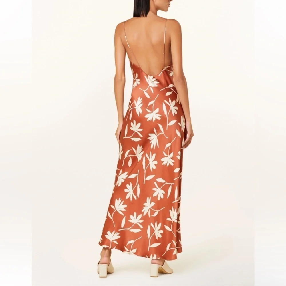 NWT Anine Bing Chloe Silk Satin Maxi Dress Tropical Leaf Print Terracotta Brown